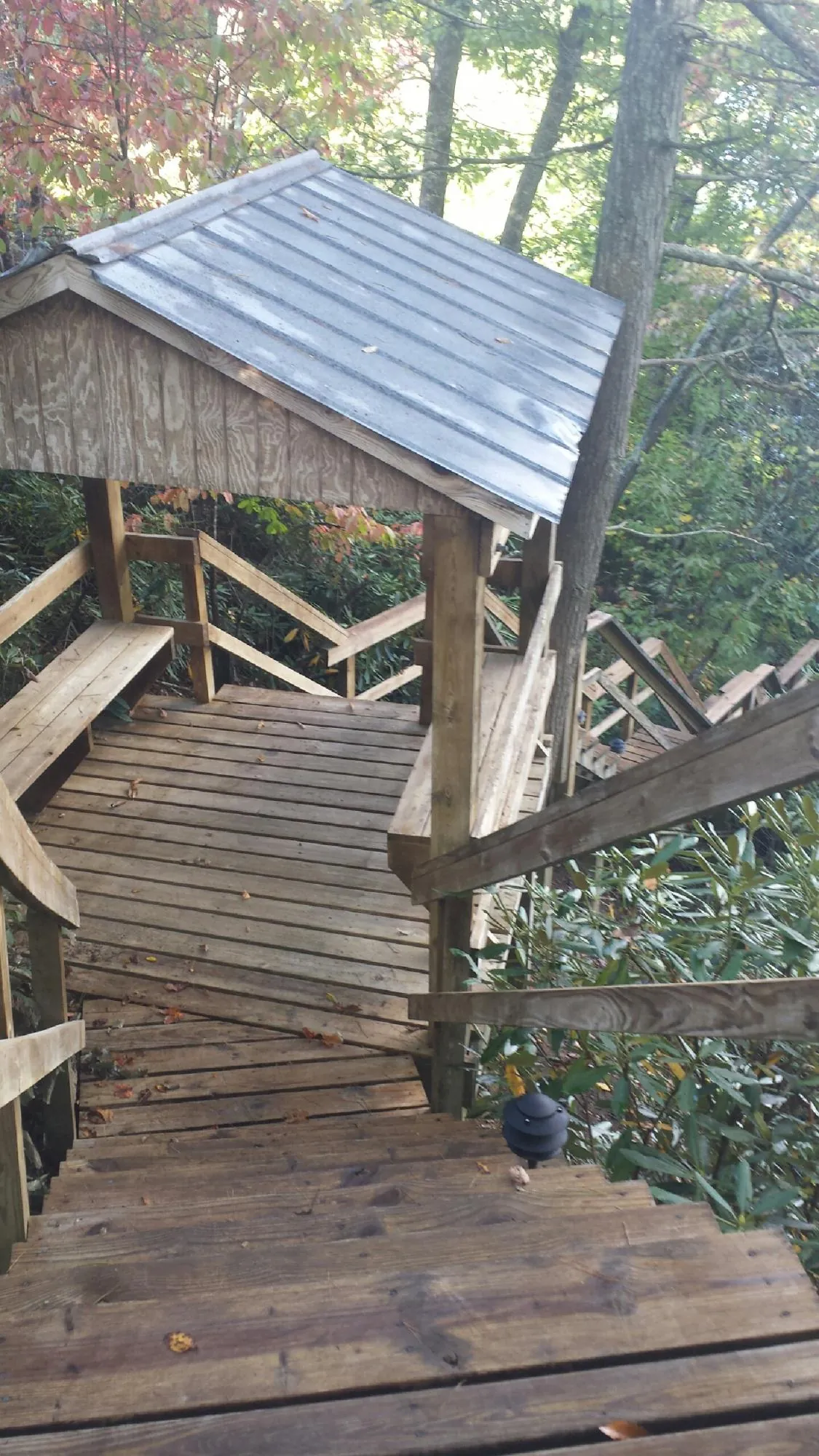 Metal roofed shelter over wooden steps on a wooded walkway — Skylight Repair & Installation work by our crew in Wyatt